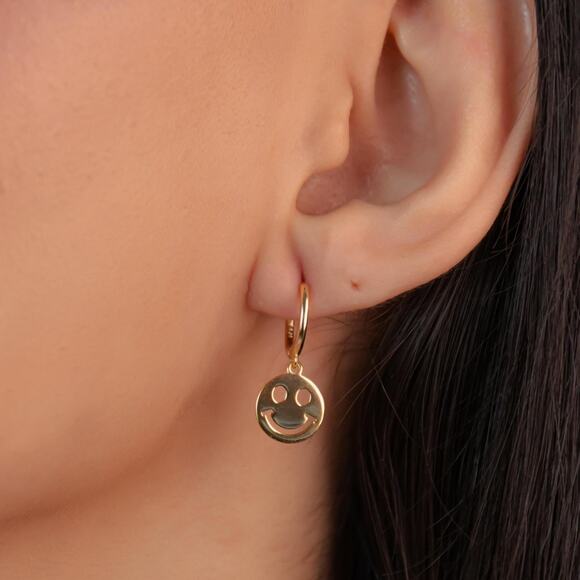 Smiley Face Hoop Earrings, 925 Sterling Silver Gold Plated Earrings, - Picture 1 of 7